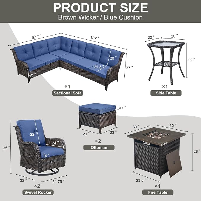 Belord Patio Furniture Set with Fire Pit Table,8 Piece Wicker Outdoor Furniture Set, Swivel Rocker Chairs with Ottomans and Sectional Couch, All Weather Patio Conversation Set,Brown Wicker/Blue