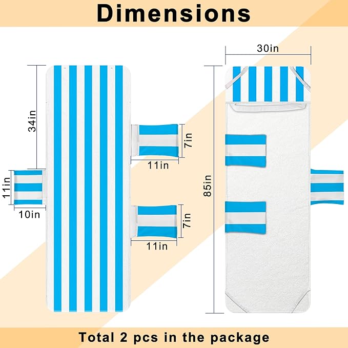 Lounge Chair Towel Cover, Beach Chair Covers (Pack of 2), Chaise Lounge Cover with 3 Pockets for Pool Beach Garden Courtyard Outdoor Trips, 85 x30 in, Striped Sky Blue