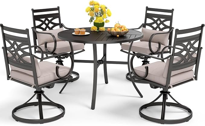 MFSTUDIO 5-Piece Patio Dining Set, 42" Round Metal Table, Swivel Chairs | Umbrella Hole