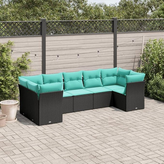 7 Piece Patio Sofa Set with Cushions, Patio Conversation Set Garden Lounge Set Outdoor Dining Sets Porch Furniture Set for Poolside Exhibition Negotiation Area Piazza Black Poly Rattan