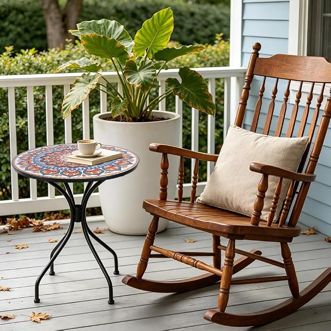 23.6" Outdoor Patio Mosaic Round Table Garden Bistro Accent Table | Ceramic Tile Waterptoof Side End Table Metal Frame Dining Table Furniture for Balcony Backyard Porch Poolside Terrace