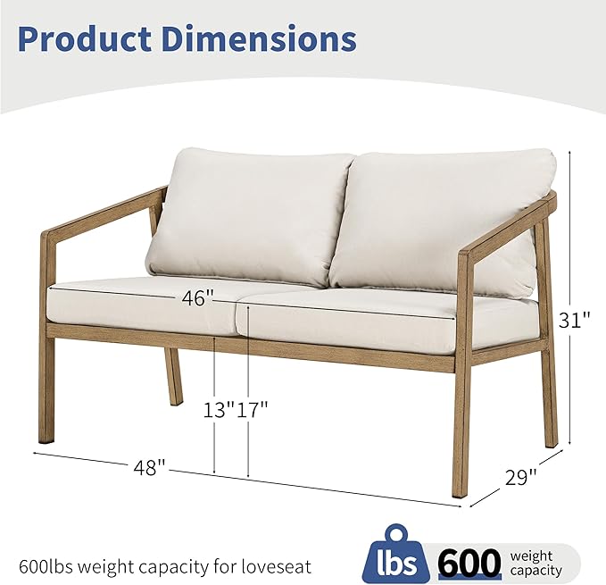 Patio Conversation Sets Outdoor Loveseat Sofa, Aluminum Patio Sofa Chairs with Washable Thick Cushions, Modern All-Weather Patio Furniture Sets for Garden, Backyard, Porch (Brown+Beige)