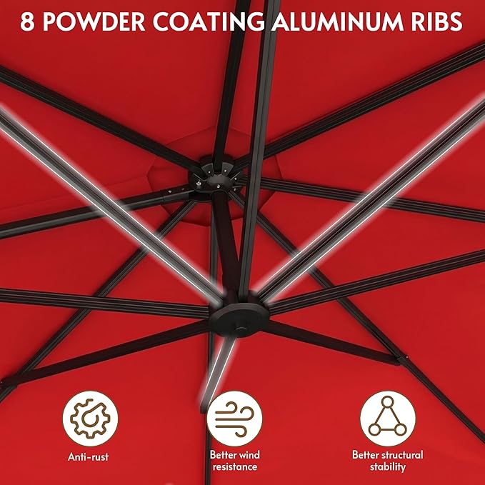 11FT Cantilever Patio Umbrella with Base Included, Large Cantilever umbrella with 360°Rotation, Heavy-Duty Offset Outdoor Umbrella for Patio,Pool,Garden and Backyard (Red)