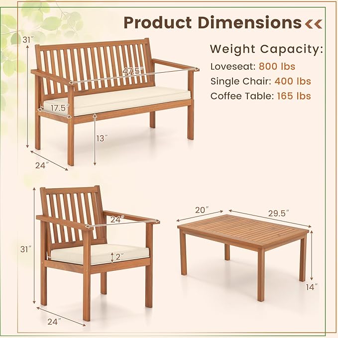 Tangkula 4 Piece Patio Wood Furniture Set, Acacia Wood Sofa Set w/Loveseat, 2 Chairs & Coffee Table, Soft Seat Cushions, Outdoor Wood Furniture Set for Porch, Yard, Balcony (Off White), OneSize