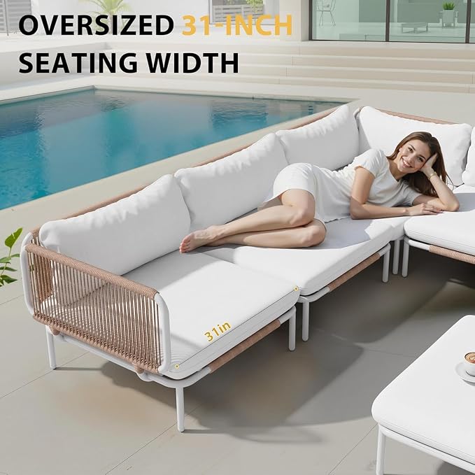 8 Piece Modern Outdoor Sectional Sofa, 31" Oversized Patio Furniture Set with Olefin Woven Rope, Weather-Resistant Metal Frame and Removable Cushion, Beige