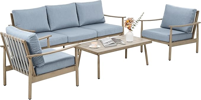 4 Pieces Patio Furniture Set, Aluminum Outdoor Patio Furniture Sets, 2 Armchairs and 3 Seater Couch with Thick Cushion, Patio Conversation Set for Backyard Deck Poolside, Blue & Brown