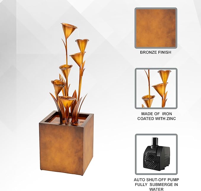 XBrand 46" Tall Bronze Metal Sculptural Flower Multi-Tier Freestanding Water Fountain Without LED Lights