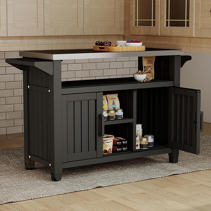 EasyUp Outdoor Storage Cabinet,Patio Storage Table, Bar Table with Wheels,Outdoor Bar Cart for Patio, Poolside and Backyard,Classic Black