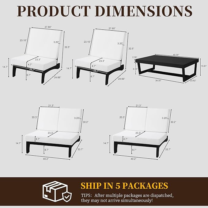 UIXE 5 Pieces All Weather Black Wood Patio Furniture Sets, 2 Patio Loveseat, 2 Patio Bistro Chair, Outdoor Sectional Sofa Furniture Backyard Conversation Set with Coffee Table - Beige