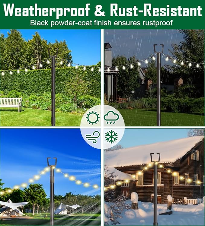 10Ft String Light Poles for Outside, Adjustable Metal Poles for Outdoor String Lights, Rustproof & Sturdy Light Stand Posts for Patio, Backyard, Deck, Garden, Party Decorations