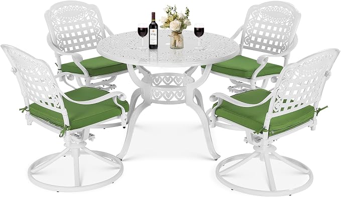 VIVIJASON 5-Piece Outdoor Patio Dining Set, All-Weather Cast Aluminum Conversation Set, Patio Furniture Set for Backyard, Include 4 Swivel Rocker Chairs, a 38.5" Round Table w/Umbrella Hole, White