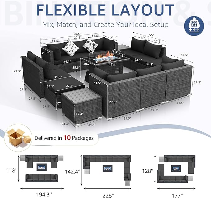 NICESOUL 15 Piece Outdoor Sectional with Fire Pit Table, Modern Luxury Patio Deep Seating w/Firepit, 29.3'' High-Back Wicker Couch Thick, Big High-Weight Capacity Sofa for Terrace, Yard, Dark Gray