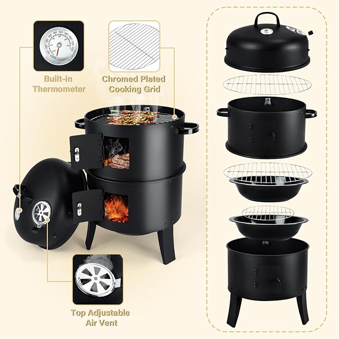 32" Vertical Charcoal Smoker Grill, Heavy-Duty BBQ Grill with Built-in Thermometer, 3 in 1 Grill and Smoker, Portable Meat Cooker with Air Vent for Outdoor Barbecue Cooking