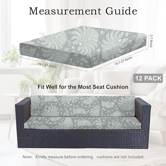 CALBODE Ourdoor Cushion Covers Waterproof Set of 12 Floral Printed Stretch Patio Chair Cushino Covers for Patio Furniture Replacement,Washable Couch Covers for Furniture(Grey)