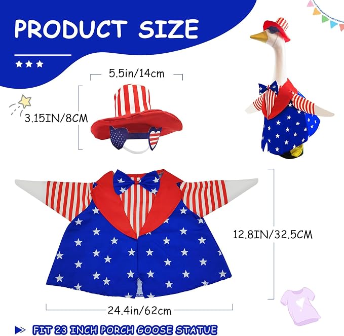 Porch Goose Outfit 4th of July Patriotic Summer Costume – Fits 23 Inch Concrete Cement Goose – Red White Blue Memorial Day Clothes