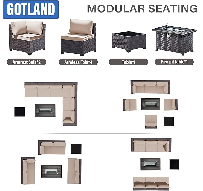 Gotland 8 Pieces Patio Furniture Set with Fire Pit Table, All Weather Rattan Outdoor Furniture with 29.5'' High Backrest 4’’ Thick Cushions Coffee Table, Outdoor Sectional for Porch, Deck, Khaki
