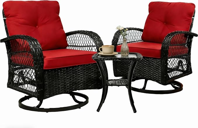 3 Piece Outdoor Swivel Rocker Patio Chairs, All-Weather Rattan Chair, Wicker Glider Patio Furniture Set with Side Table, for Garden, Backyard, Deck, Red