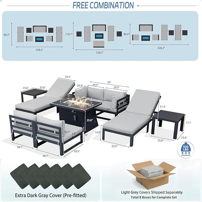 NICESOUL 9 Piece Large Contemporary Aluminum Outdoor Furniture Set with Chaise Lounge & Fire Pit Table, 29" Deep Couch Set, 500 lbs High Weight Capacity Patio Sectional Sofa for Poolside, Light Gray