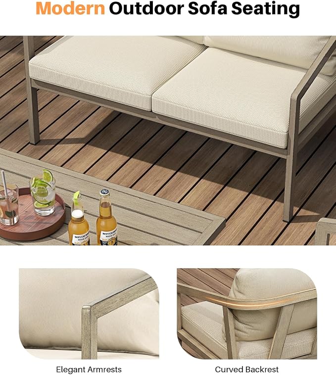 Outdoor Patio Loveseat, Never-Rust Aluminum Outdoor Loveseat Couch with Thick Cushions, Modern 2-Seater Patio Sofa Bench, Outdoor Sofa Loveseat Furniture for Poolside, Garden, Gray Oak