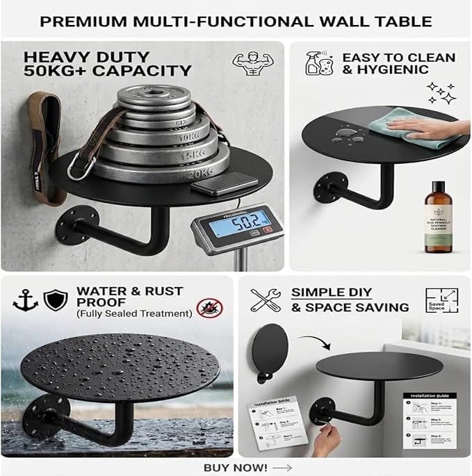 Wall Mounted Round Bar Table, Heavy Duty Iron Floating Desk, Space Saving Dining Table for Small Spaces, Waterproof Indoor/Outdoor Coffee Table, 19.7in Diameter