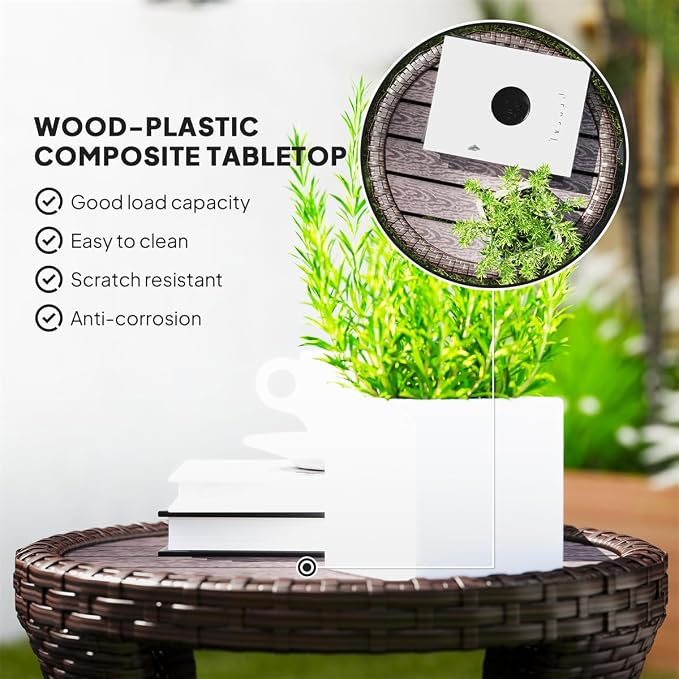 Outdoor Rattan Side Table with 2-Tier Storage, 18.1" Hourglass Shape Outdoor End Table, PE Wicker Bistro Coffee Table with Wood-Plastic Composite Top for Patio Garden Balcony, Brown
