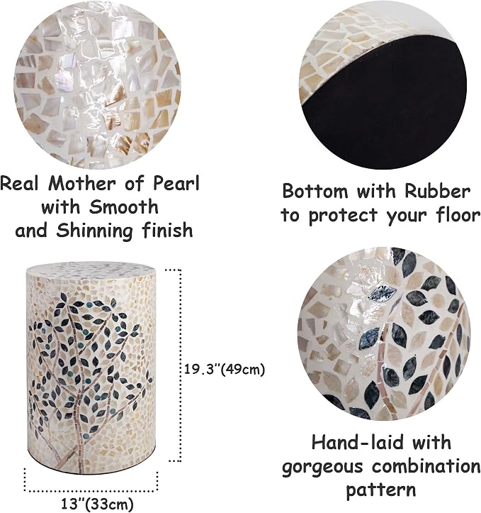 PEMAR Mother of Pearl Cylinder Drum End Table Nacre Side Stool Round Accent Table Coffee Bedside Nightstand and Vanity Stool Olive Tree 13" Diameter x 19.3" High