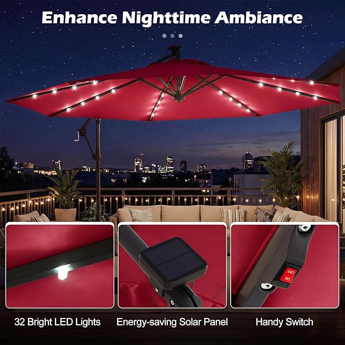Tangkula 10ft Solar Patio Umbrella with Base Included, Offset Cantilever Outdoor Umbrella with 32 LED Lights, 360 Degree Rotation, Crank Handle for Pool Deck Garden Backyard (Wine)