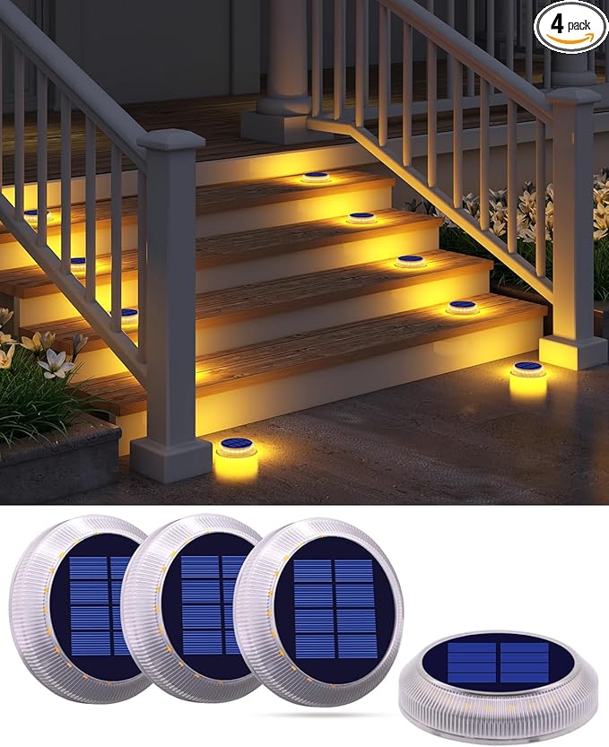 DetarZinLED Solar Step Lights Outdoor Waterproof, 4 Pack Warm White Flat Lights Solar Powered for Outside Stair, Deck, Dock, Pathway, Driveway, Ground