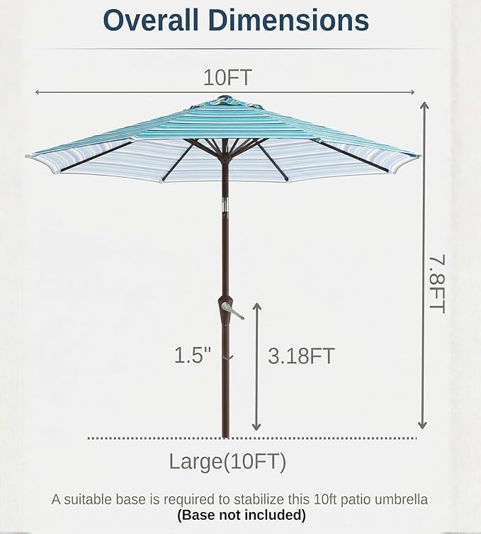 10FT Patio Umbrella, Outdoor Umbrella with Push Button Tilt and Crank, 8 Sturdy Ribs, UV Protection & Waterproof Market Umbrella for Pool, Backyard, Beach,Deck (Blue Green Stripes)