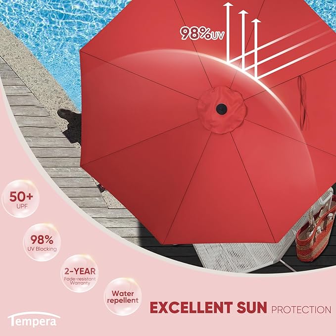 Tempera Patio Market Outdoor Table Umbrella with Auto Tilt and Crank, Large Sun Umbrella with Sturdy Pole & Fade Resistant Canopy, Easy to Set