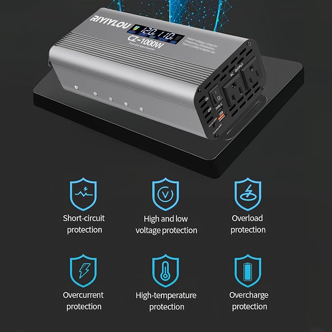 1000W Pure Sine Wave Inverter (2000W Peak), 12V/24V Auto-Detect, 50Hz/60Hz Switchable, LCD Display, Type-C Fast Charging, Silent Design, Overload & Overheat Protection for RV, Home