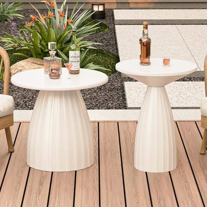 Round Small Patio Side Table Set of 2, Patio Furniture Accent End Table, Metal Steel Outdoor Side Table, for Garden, Pool, Yard, Balcony, Living Room, Deck, Weather Resistant, No Assembly, Beige White