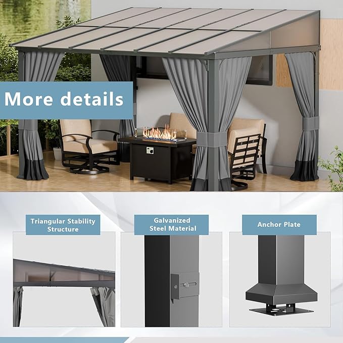 ALAULM 10'x 12' Outdoor Hardtop Pergola, Lean to Gazebo with Curtains and Netting,Large Wall-Mounted Heavy Duty Awnings for Patio, Backyard, Deck and Lawns-Grey