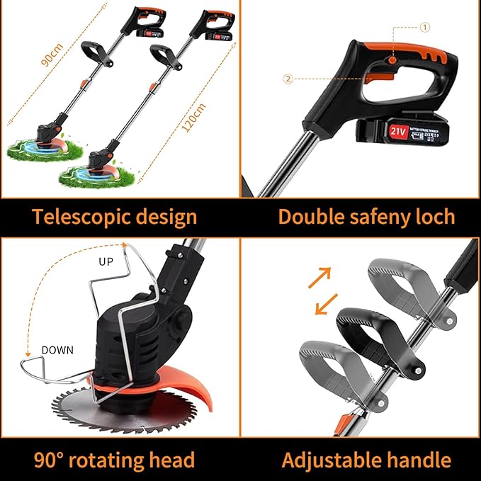 Weed Wacker，Electric Weed wackers with 2pcs 21V Batteries, Cordless Weed Wacker with 3 Different Types of Blades, String Trimmer, Weed Eater Battery Operated Suitable for Lawn, Garden and Villa
