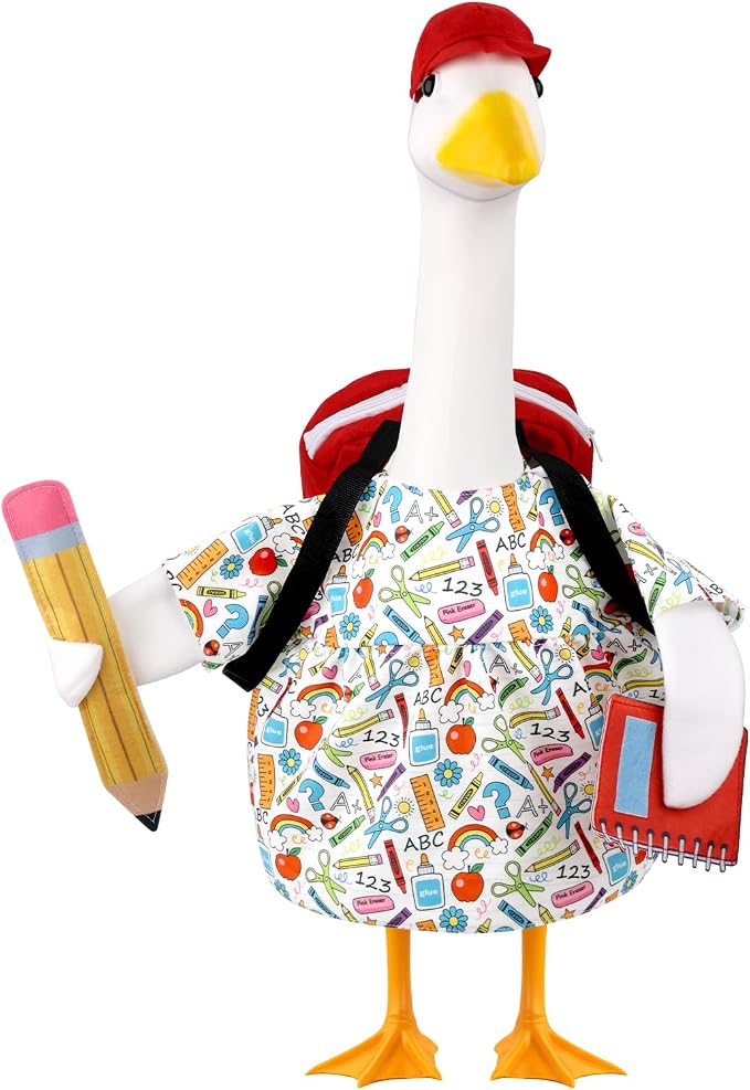 Back to School Porch Goose Outfits Goose Costume for School Outdoor Decor | Fits 23'' Plastic/Cement Statues, with School Bag, Pencil, and Notebook, for Classroom Garden Yard Patio Decoration