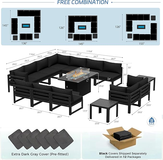 NICESOUL 12 Seat Large Aluminum Patio Conversation Set with Firepit & Side Table, 29" Deep Wide Seating, Modular Sectional Couch, 500 lbs Heavy Duty All Weather Outdoor Sofa for Backyard Deck, Black
