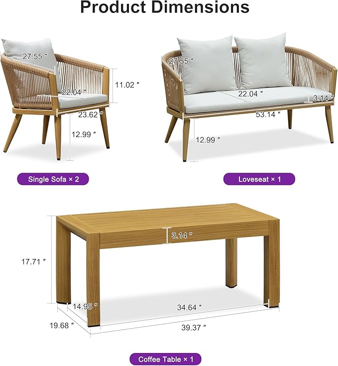 PURPLE LEAF 4-Piece Wicker Outdoor Patio Furniture Set Aluminum Rattan Sofa Conversation Set with Cushions and Coffee Table for Garden Backyard Wood Grain