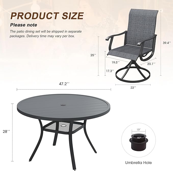 VICLLAX Patio 7 Pieces Outdoor Dining Set,Wrought Iron Metal Outdoor Table and Chairs Set,47.2" Round Table with Umbrella Hole and 6 Swivel Textilene Chairs for Lawn,Garden,Porch,Black/Dark Grey