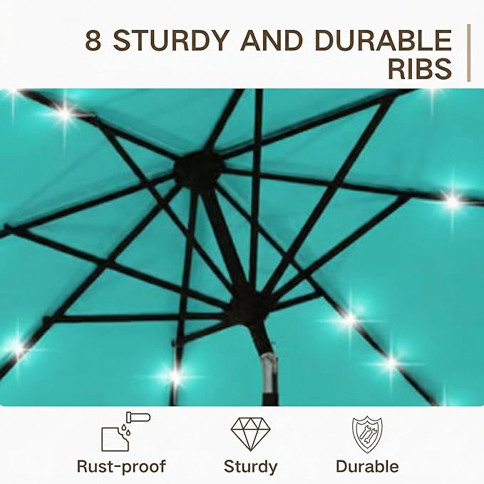 Kingdura 10FT Outdoor Patio Umbrella with Solar Lights, Market Table Umbrella with Push Button Tilt & Crank, 8 Sturdy Ribs, 32 LED Lights, UV Protection for Garden Lawn Deck Backyard Pool (Tiffany blue)