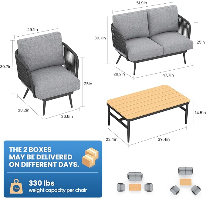 Outdoor Patio Furniture Set 5-Piece, Outdoor 4-Seat Sofa with Coffee Table, Waterproof Thick Cushion Patio Conversation Set, All Weather Outdoor Couch Set for Deck, Lawn, Balcony, Porch