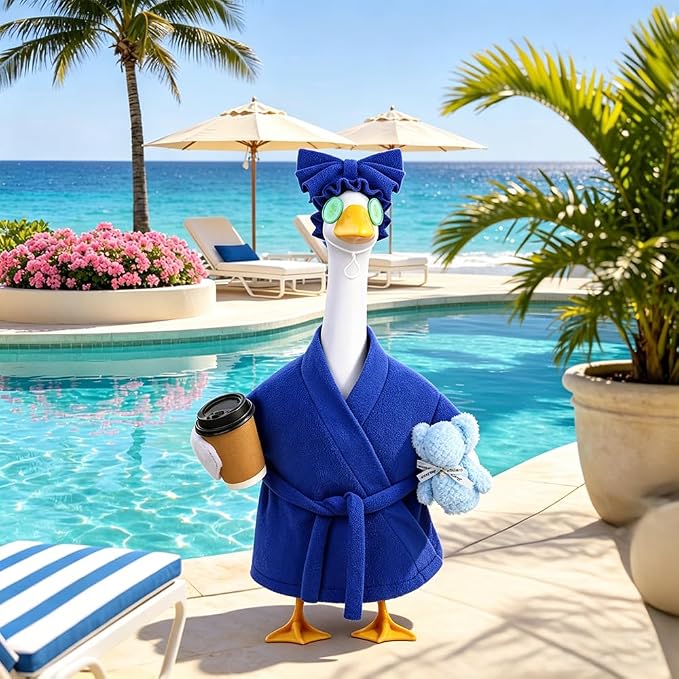 Celltestria Lady Goose Outfits for 23" Geese Blue Bathrobe Porch Goose Costume Coffee Cup Bear Cucumber Eye Mask Goose Clothes for Outdoor Patio Yard Lawn Garden Decoration