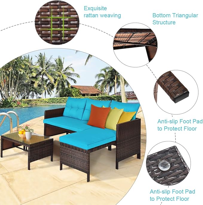 DORTALA 3 Piece Wicker Patio Furniture Set, PE Rattan Outdoor Sectional Sofa Conversation Set with Loveseat, Lounge and Tempered Glass Coffee Table for Garden Lawn Deck (Turquoise)