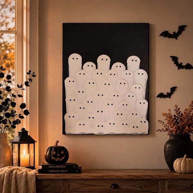 Kindlivery Halloween Decorations, Ghost Wall Art Hand Painted Painting, Unframed Spooky Ghost Artwork, Wall or Tabletop Display, Indoor Decor, For Home Mantel Shelf