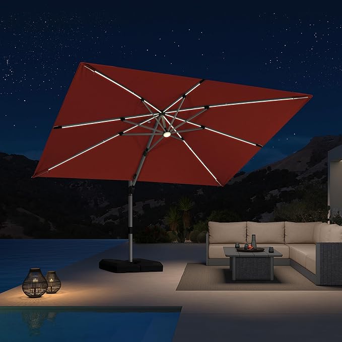 PURPLE LEAF 9' X 12' Patio Umbrella with Lights Outdoor Rectangle Cantilever Umbrella Solar Powered LED with 360-degree Rotation for Garden Deck Pool Patio, Terra