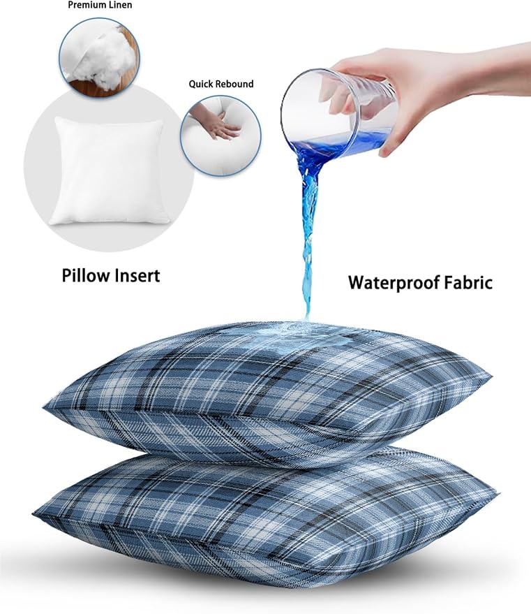 Waterproof Outdoor Pillow Set of 2 Blue Checked Plaid Decorative Throw Pillows Cover & Insert 18x18 Inch Pillowcase Stripes Woven Grid Square Pillows for Couch Sofa Bed Patio Furniture Indoor Outdoor