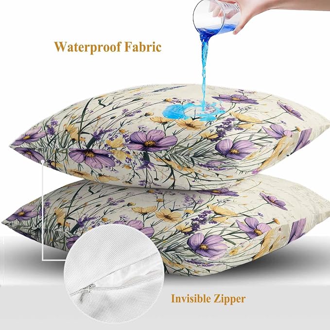 Spring Floral Outdoor Waterproof Throw Pillow Covers Set of 2, 20"x20", Purple Yellow Flower Leaves Retro Letter Texture Decorative Pillow Covers Outside Cushion Case for Patio Porch Garden