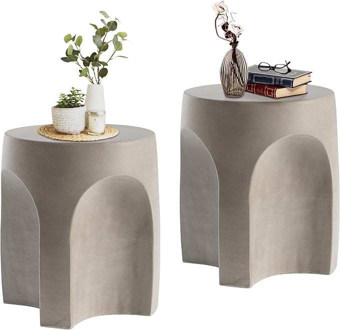 HOMPUS Outdoor Side Table Set of 2, Unique Concrete End Table w Arch Shape, Round Patio Accent Table Lightweight, Modern Vintage Garden Tool for Indoor Use, Grey