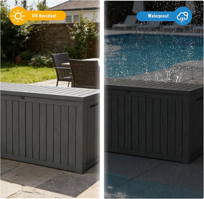 FEFLO 150 Gallon Waterproof Resin Deck Box, Heavy-Duty Outdoor Storage Box | Lockable Lid & UV-Resistant Patio Storage Chest for Garden Tools, Pool Accessories, Package Delivery, Toys, Furniture