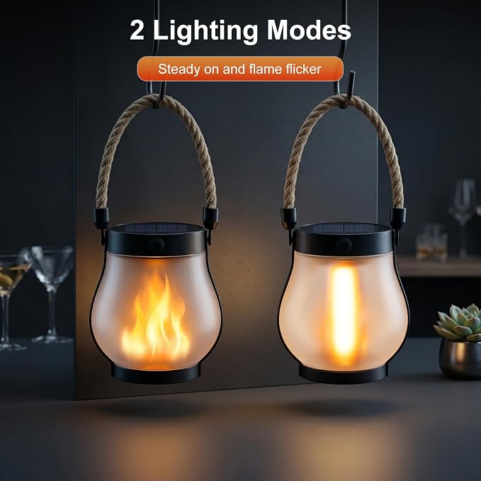 Solar Lanterns Outdoor Waterproof 8-Pack, Flickering Flame Effect | Rechargeable lanterns with USB-C charging, a decorative hanging design, and dusk-to-dawn use for patios, porches and gardens