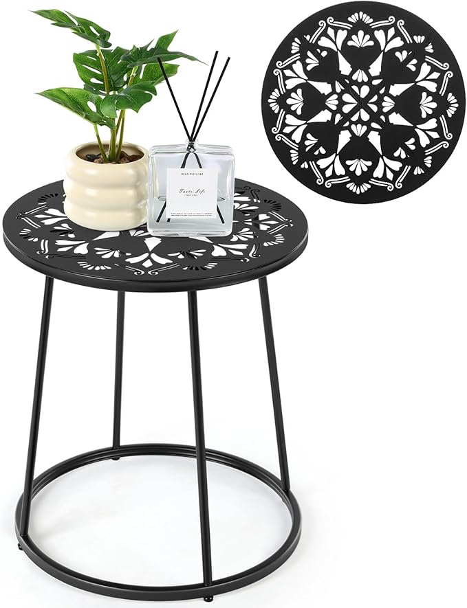 Vercraft Small Outdoor Side Table, 14" Patio Side Tables with Flower Cut Outs Weather Resistant Metal Outdoor End Table for Patio Outside Porch Balconies Garden(Black,Simple)